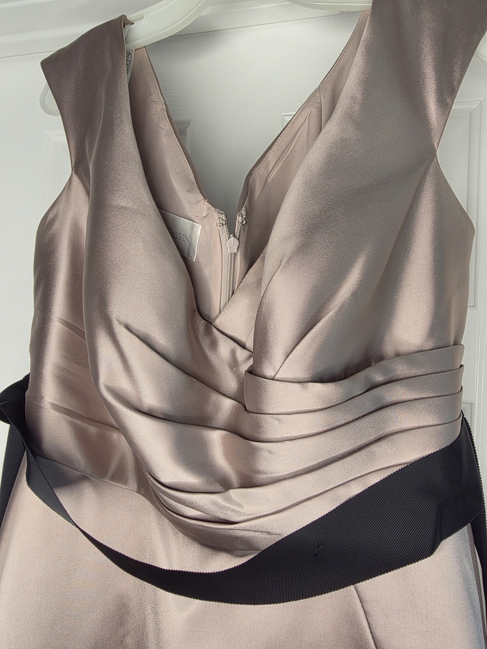 Oleg Cassini Blush-Mauve Satin V-Neck Pleated Waist Prom Dress